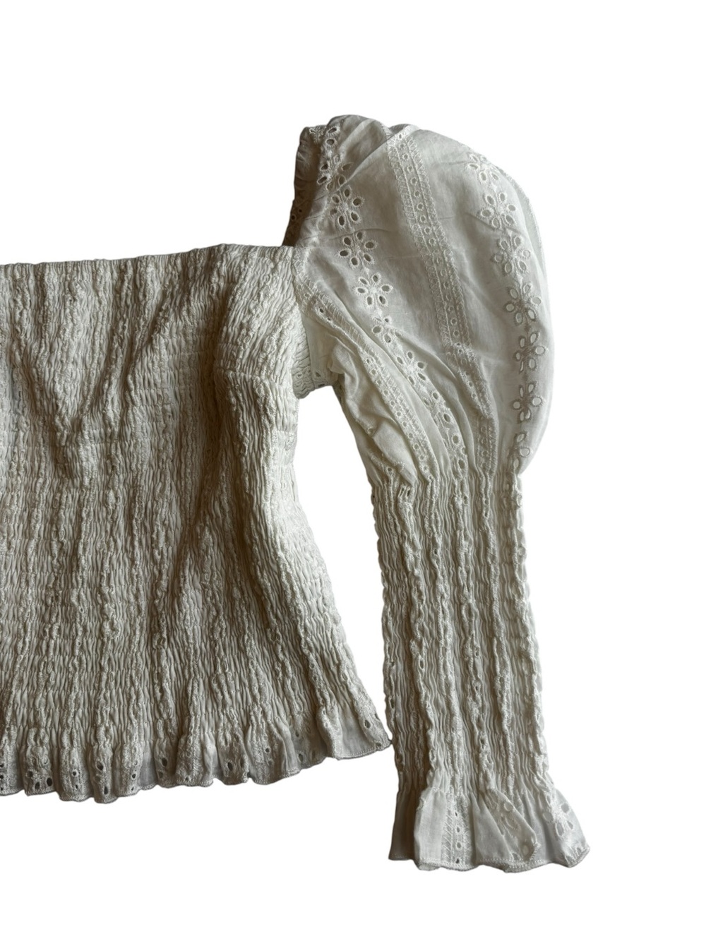 Smocked Square-Neck Eyelet Puff Sleeve Blouse — White - Picture 6 of 11